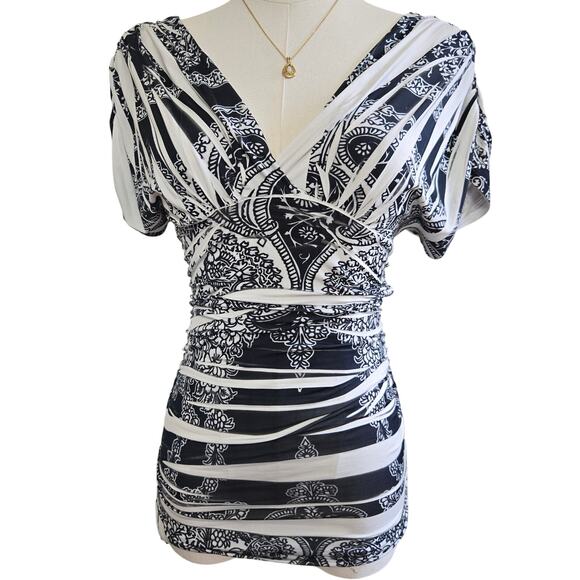 Contempo Womens Vintage 90s Boho Babydoll Side Ruched Paisley Going Out Top M - Picture 1 of 9